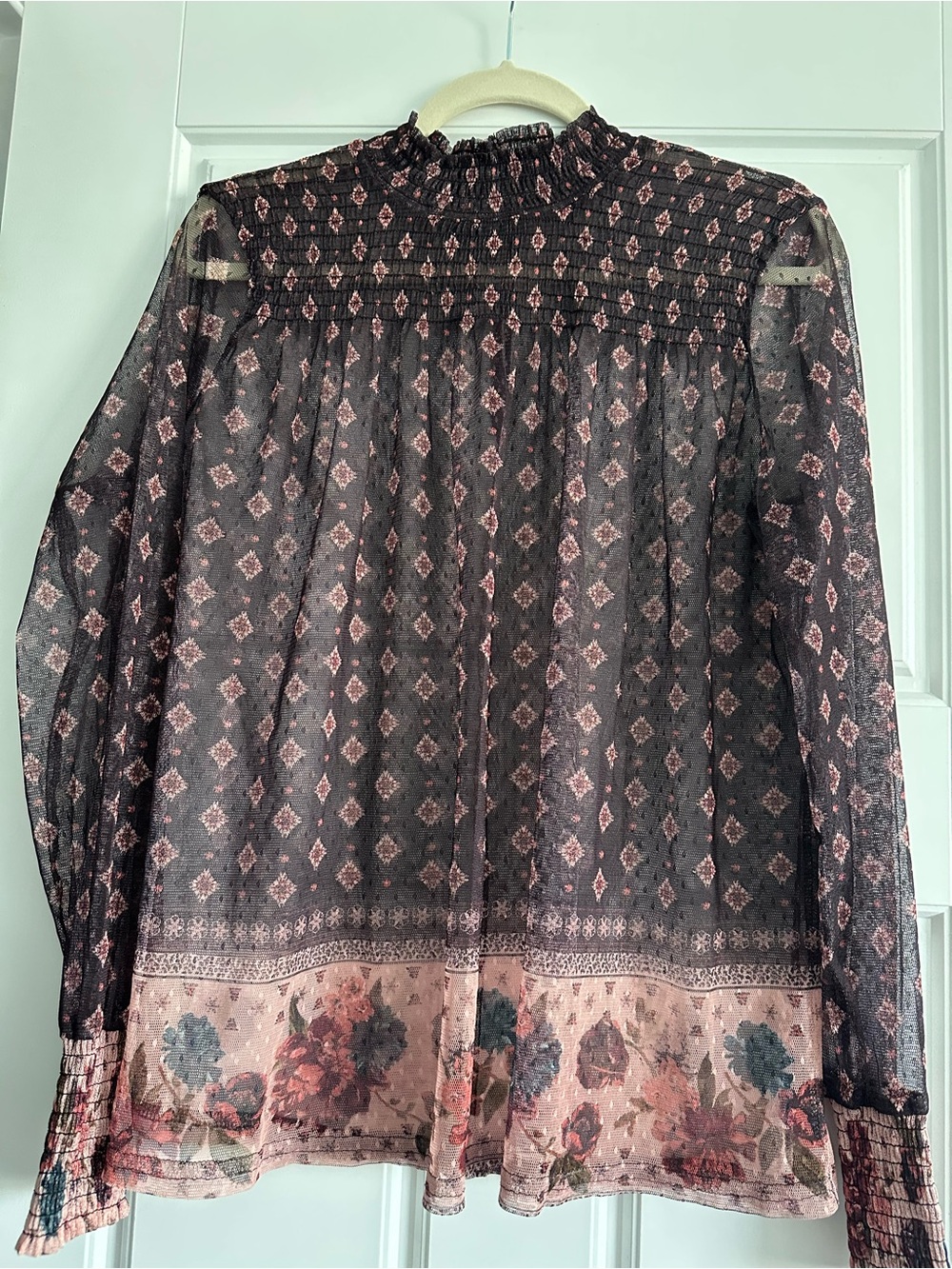 Maurices Black Sheer Smocked-Neck Blouse with Pink Floral Trim XL